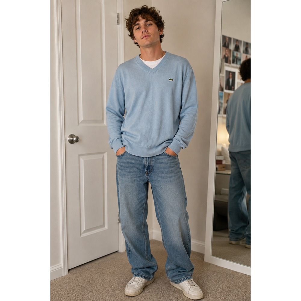 Lacoste Men V-Neck Cotton Sweater Logo Knit Pullover 5 (Large) Light Blue Preppy
